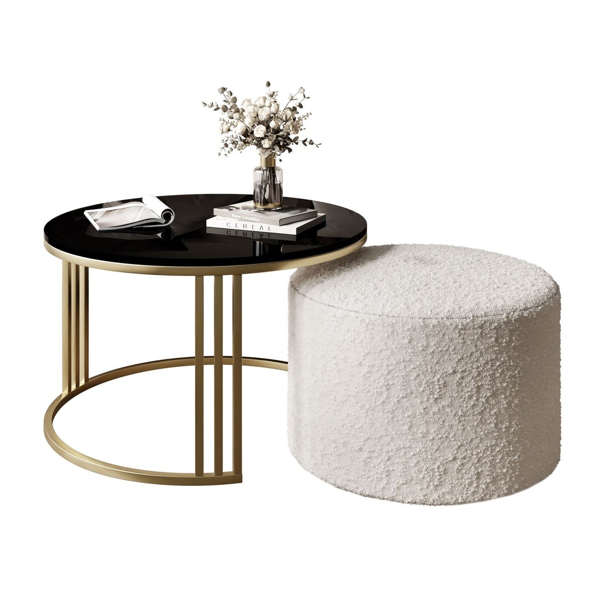 Stolik kawowy z pufą LORI POŁYSK złoto szczotkowane, czarny / Coral 65