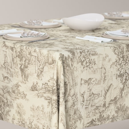 Obrus prostokątny 130 x 160 cm scenki rodzajowe w kolorze beżowym na tle ecru