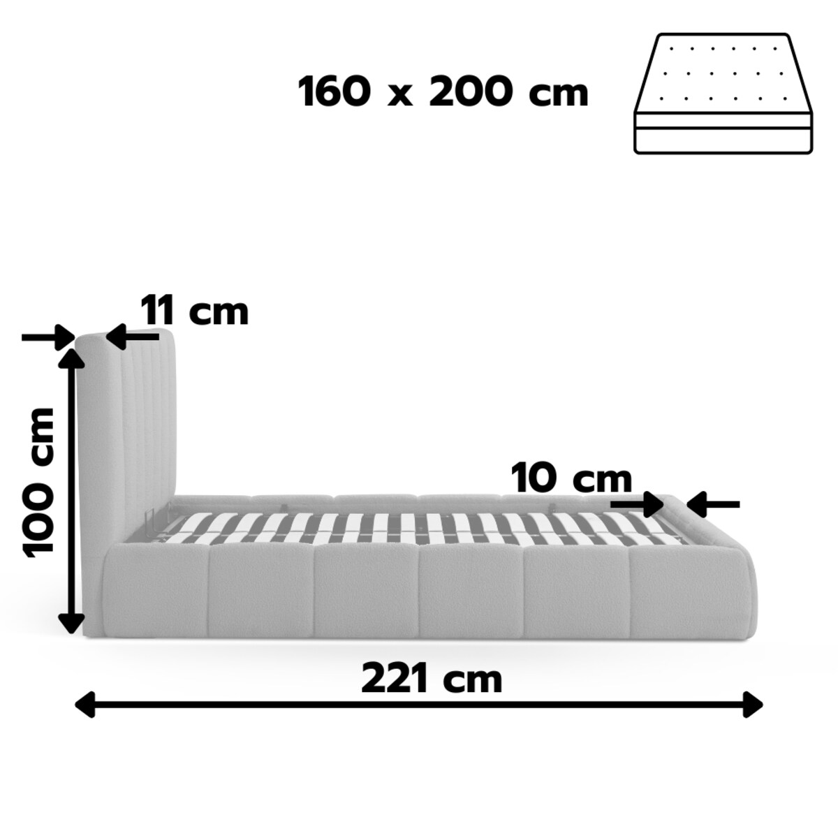 Łóżko tapicerowane 160x200 do sypialni podwójne z pojemnikiem Chiara, kolor beżowy, boucle, stelaż w zestawie