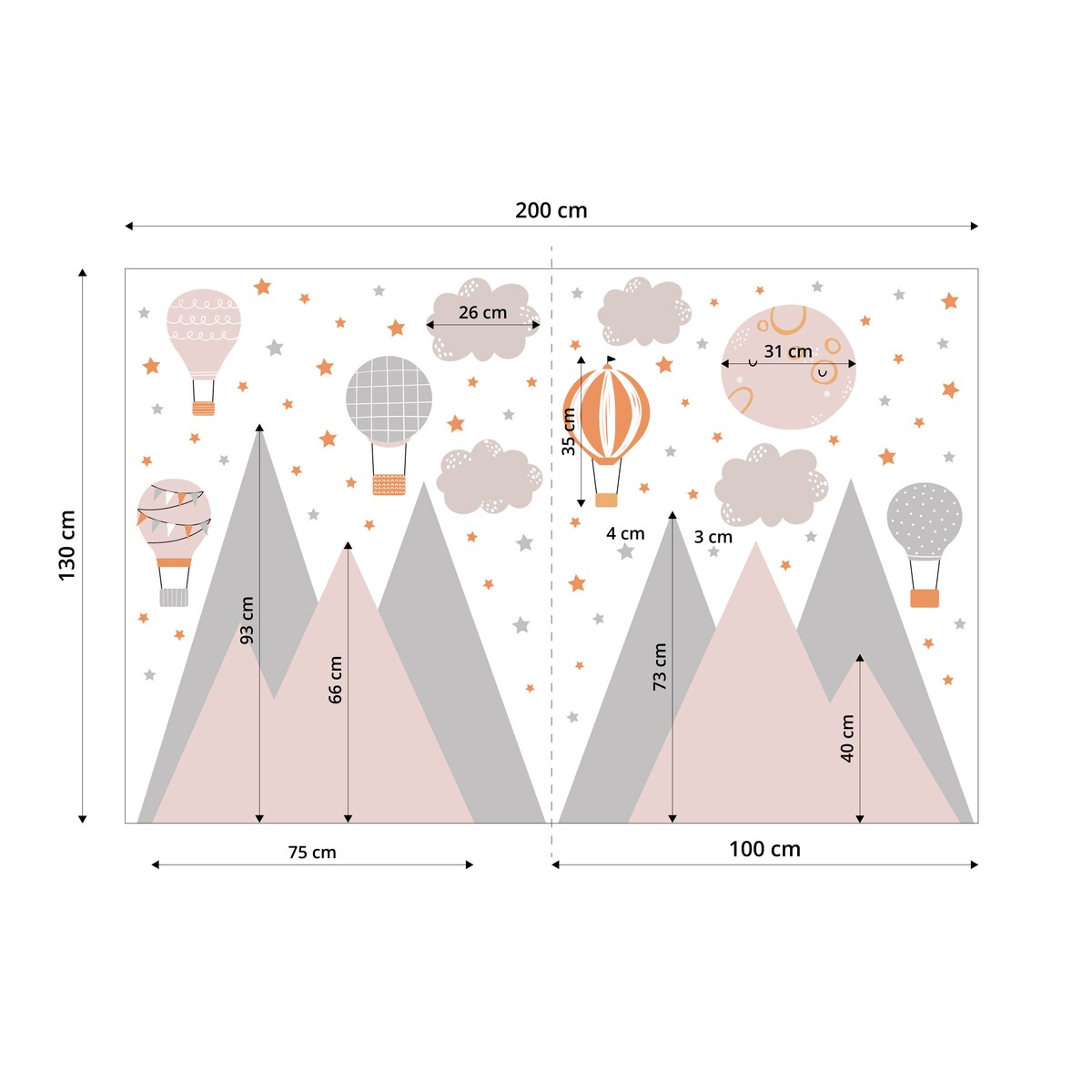 ZESTAW NAKLEJEK DLA DZIECI NA ŚCIANĘ RÓŻOWE GÓRY GWIAZDY CHMURKI