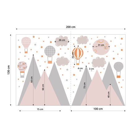 ZESTAW NAKLEJEK DLA DZIECI NA ŚCIANĘ RÓŻOWE GÓRY GWIAZDY CHMURKI