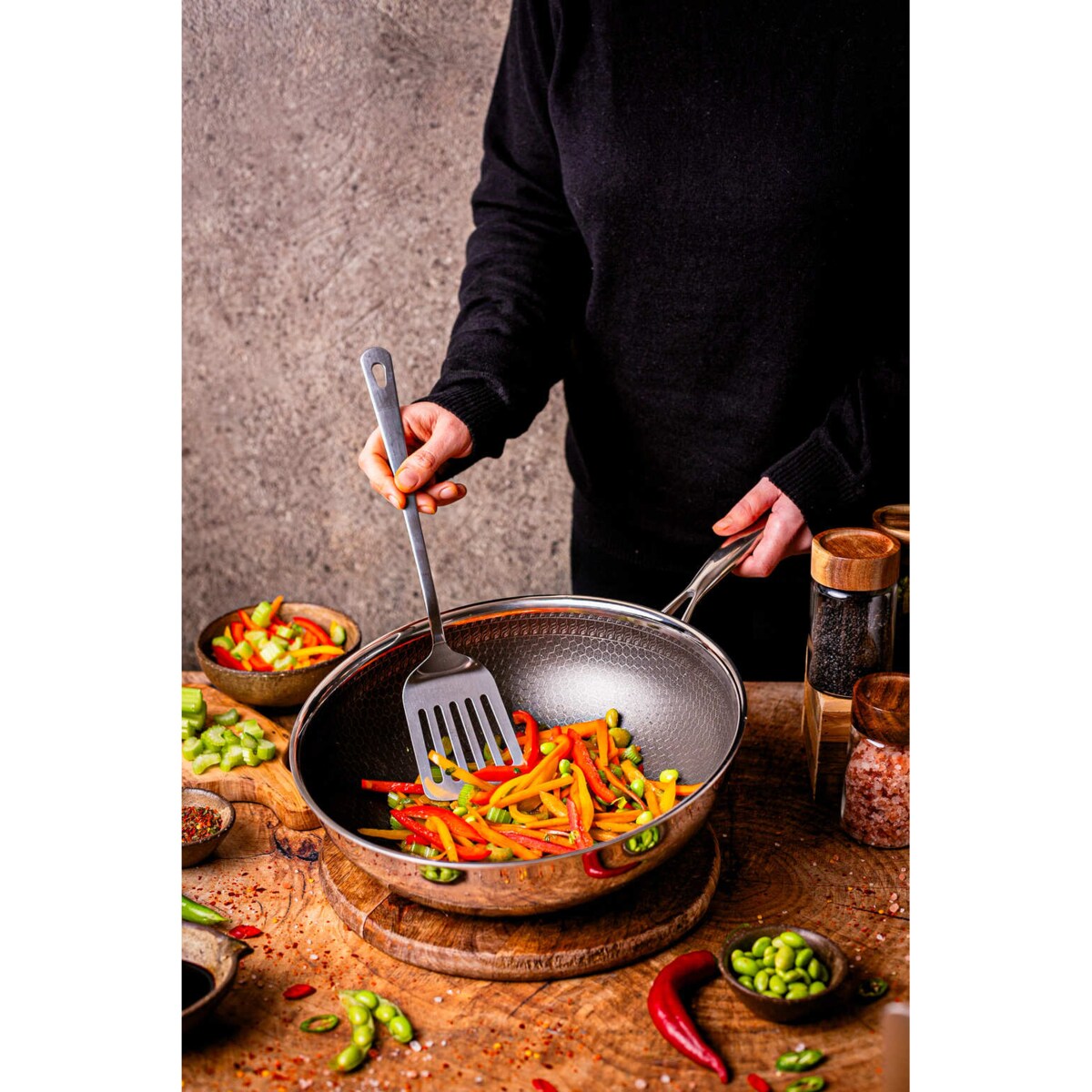 Profesjonalna patelnia ceramiczna Kanso Wok 30 cm z pokrywką Plaster miodu Na indukcje Na gaz Nierdzewna