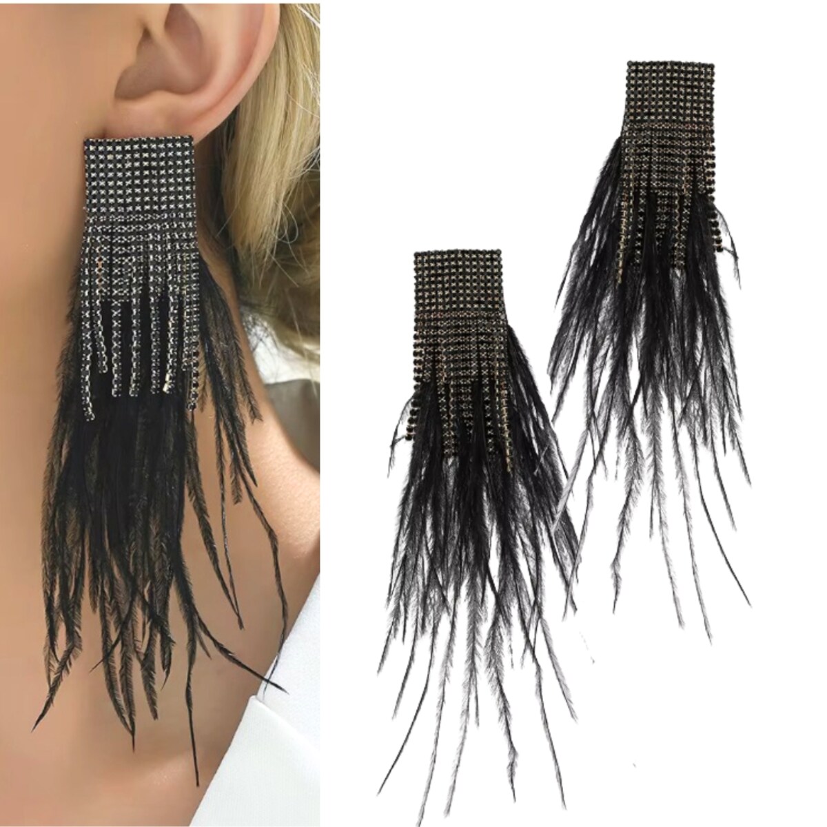 Długie czarne eleganckie kolczyki z piórami i cyrkoniami złota biżuteria