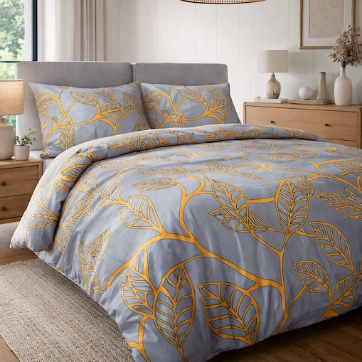 Pościel satyna bawełniana 180x200 Folina pomarańczowe liście na szarym tle, Satynlove