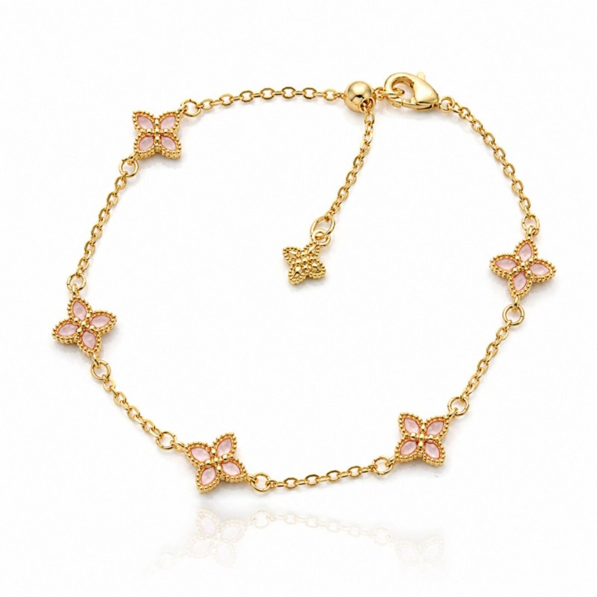 Bransoletka na rękę stal chirurgiczna pozłacana 14k złotem, koniczynka, różowa BST1621