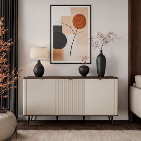 Komoda do sypialni AUTUMN 3D z ryflowanym frontem, kaszmir / orzech