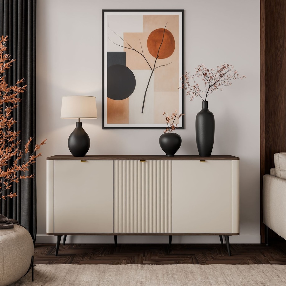 Komoda do sypialni AUTUMN 3D z ryflowanym frontem, kaszmir / orzech