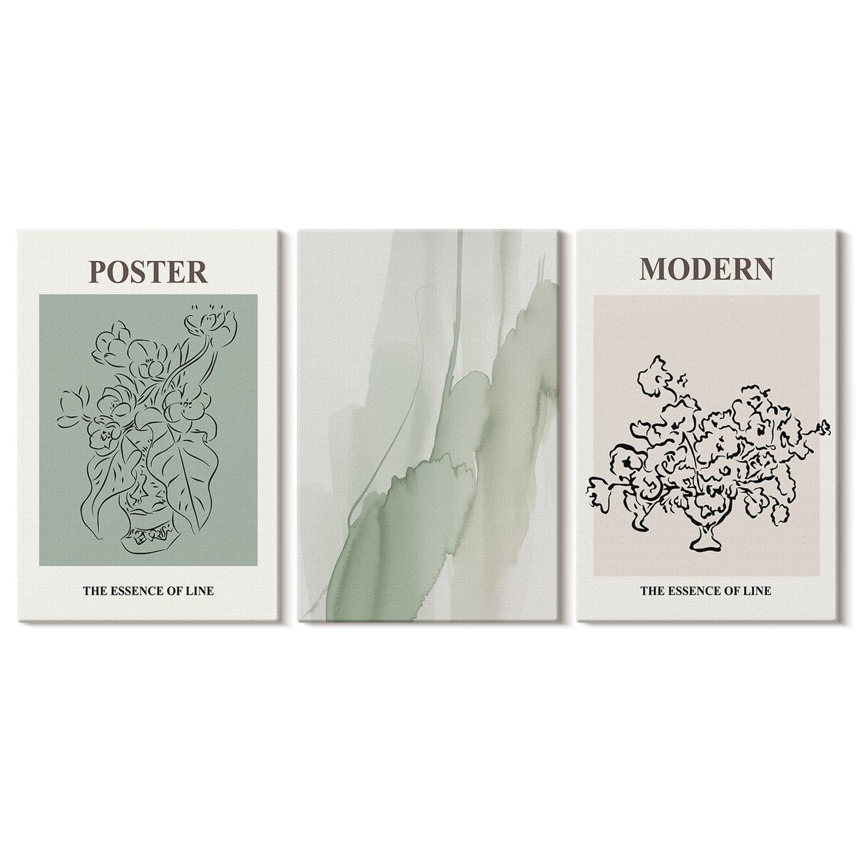 Zestaw 3 dużych obrazów na płótnie - Kwiaty w nowoczesnym wazonie - zielony