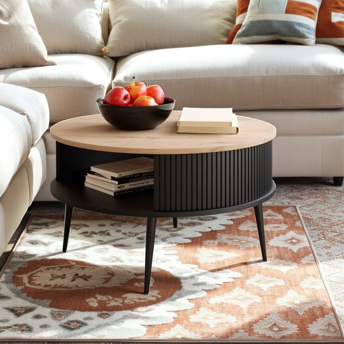 Nowoczesny Stolik Kawowy Okrągły DO SALONU Lamele Czarne DĄB ARTISAN 76 cm