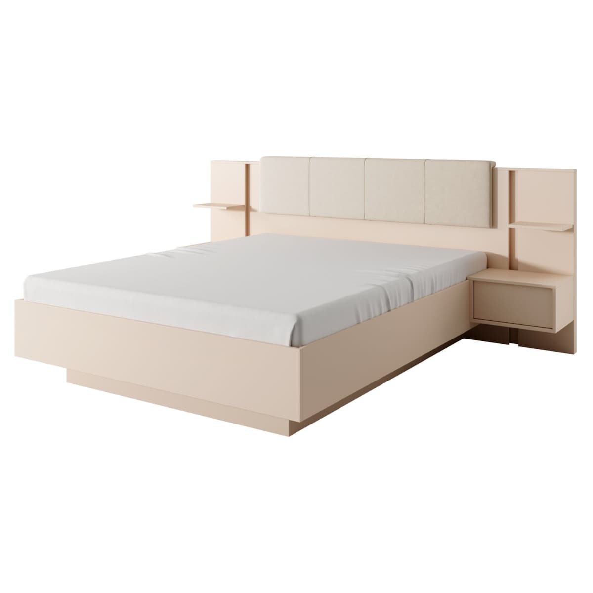 Łóżko DASTIN z pojemnikiem, zagłówkiem, stolikami nocnymi, ośw. LED