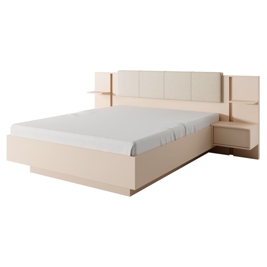 Łóżko DASTIN z pojemnikiem, zagłówkiem, stolikami nocnymi, ośw. LED