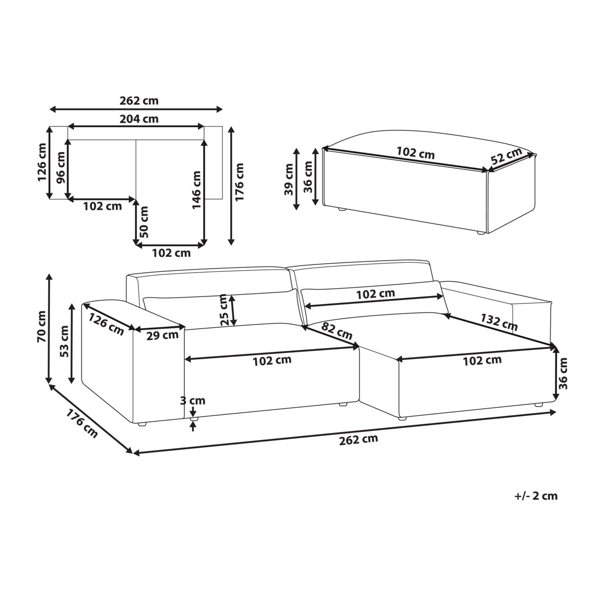 Narożnik modułowy 2-osobowy lewostronny z otomaną szary HELLNAR