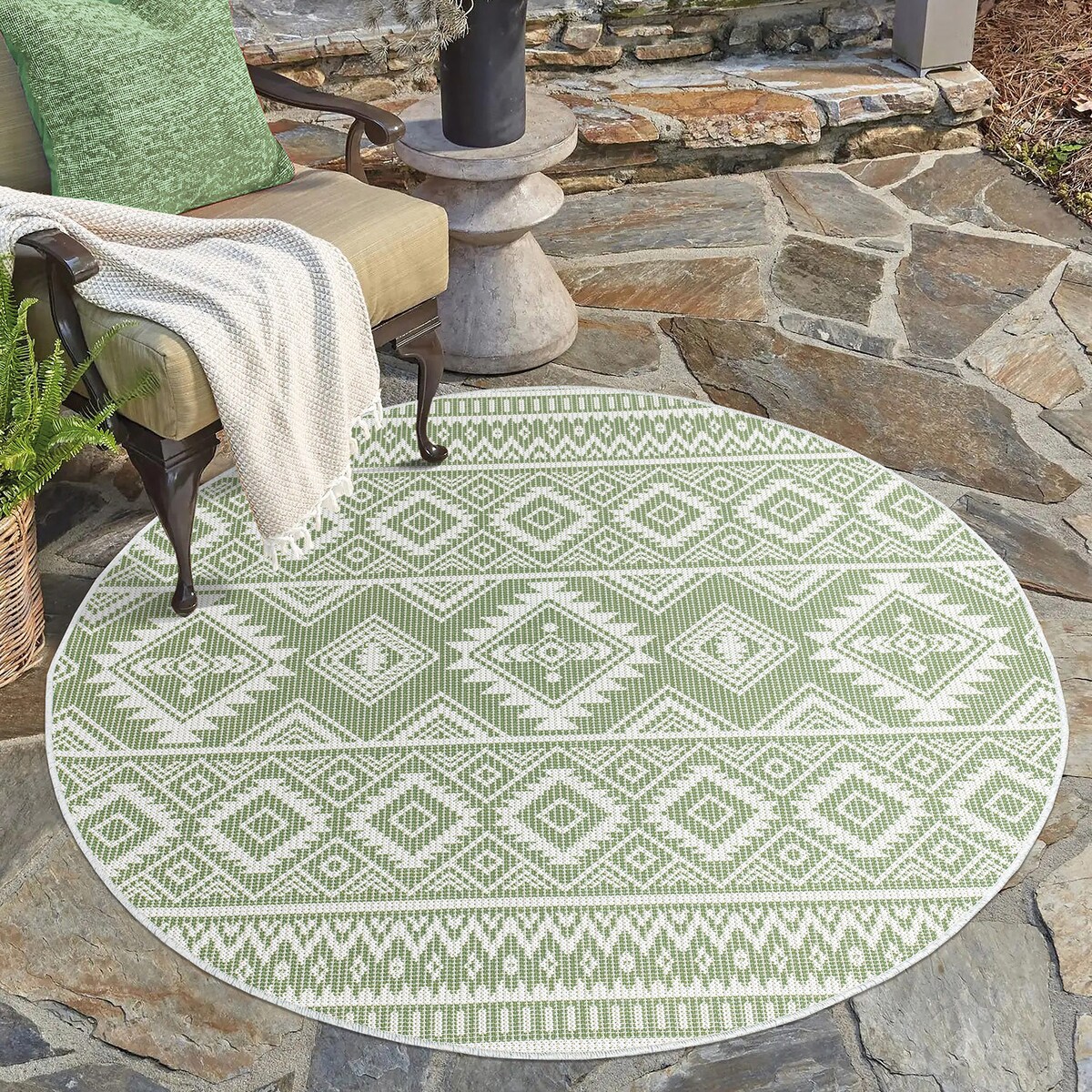 Dywan okrągły na zewnątrz i do wnętrz boho Paloa 35220 Zielony 120x120