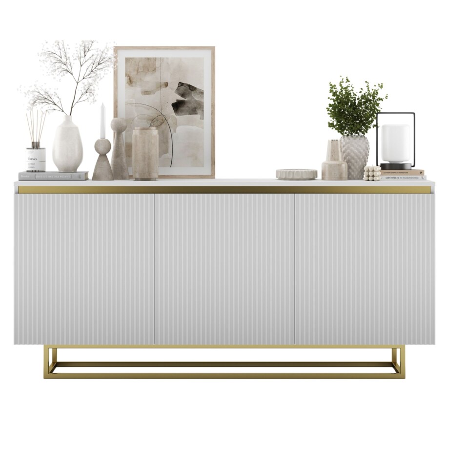 Komoda Glamour Szafka RTV Biały MAT ryflowane fronty złote akcenty 166,8 cm