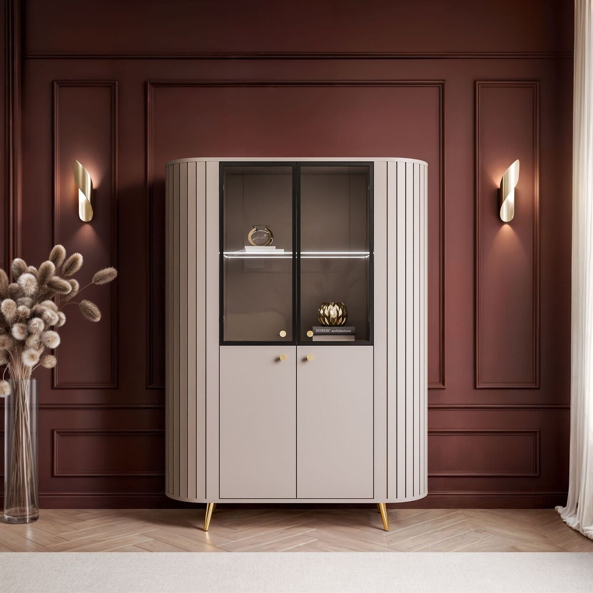 Witryna ELODIE II z oświetleniem LED, kaszmir / nóżki i uchwyty złoty chrom