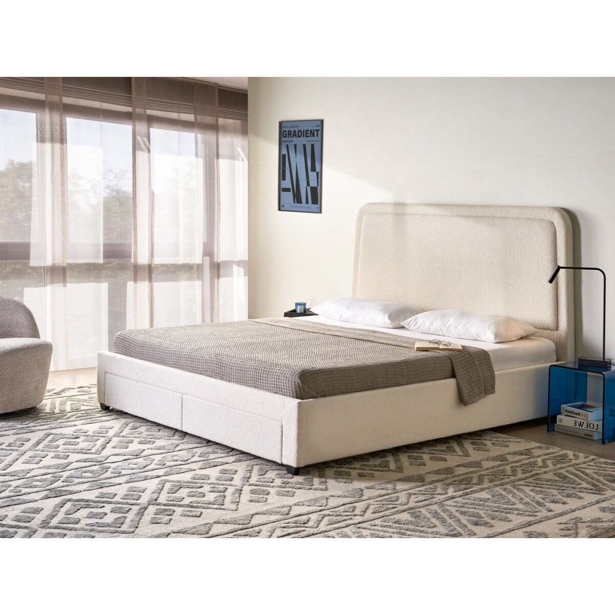 Łóżko z szufladami Boucle SARDENT 180 x 200 cm Złamana biel