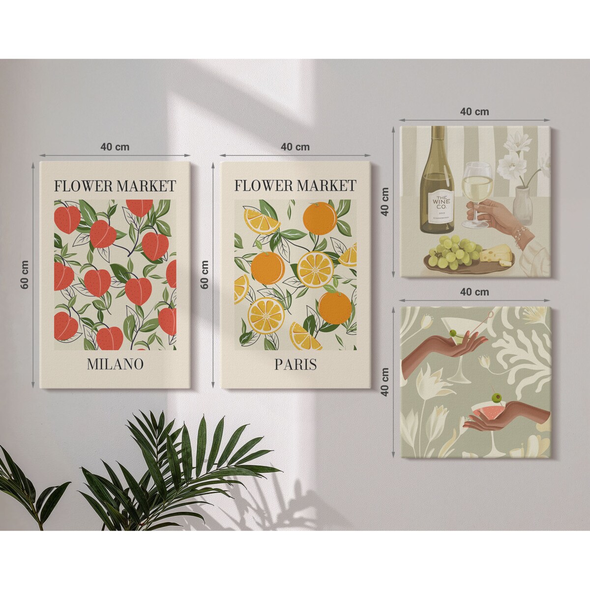 Zestaw 4 obrazów na płótnie - Kwiaty wino Mediolan Paryż - beżowy