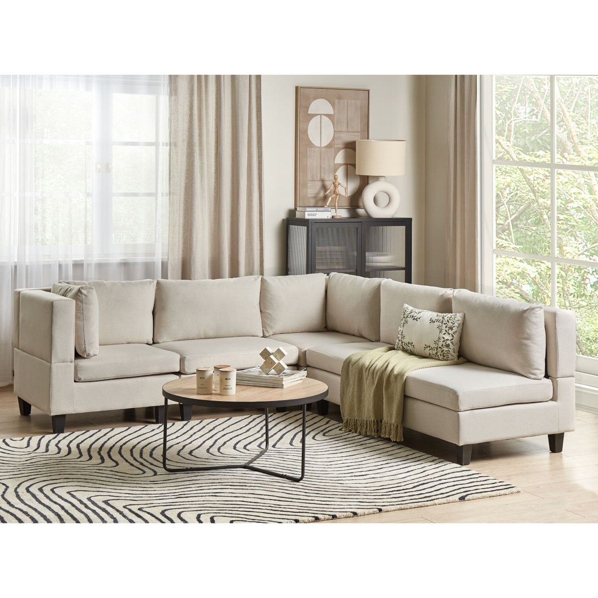 Tapicerowany prawostronny narożnik modułowy 5-osobowy jasnobeżowy UNSTAD