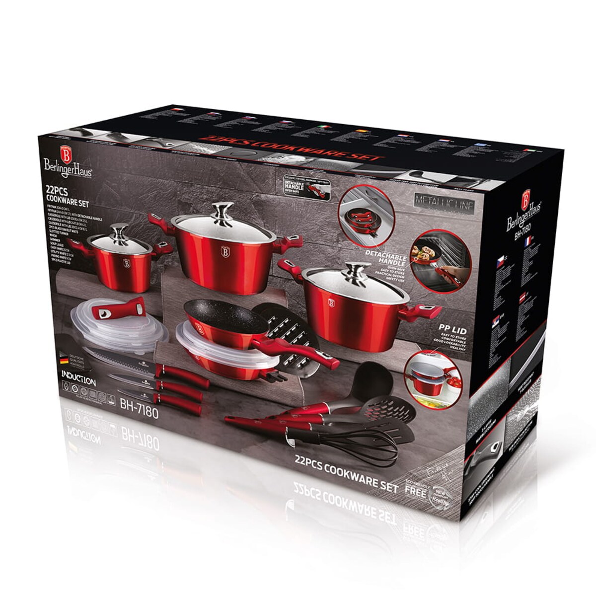 Zestaw 22 elementów garnki, patelnie, akcesoria kuchenne, noże Metallic Line Burgundy Berlinger Haus BH-7180