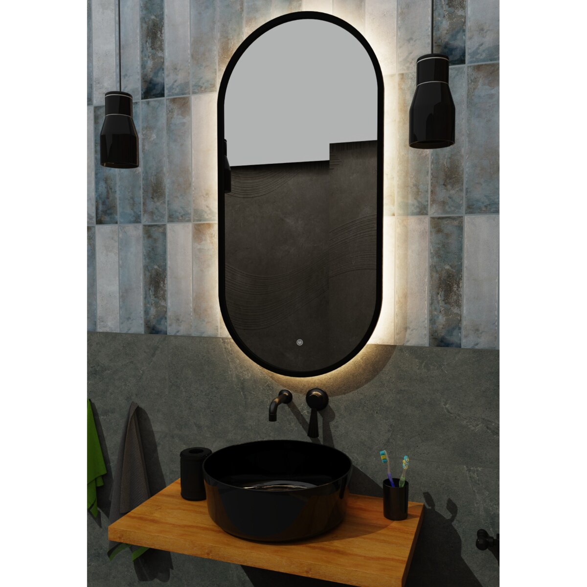 Lustro owalne LED z poświatą i włącznikiem - czarne - 55/90 cm