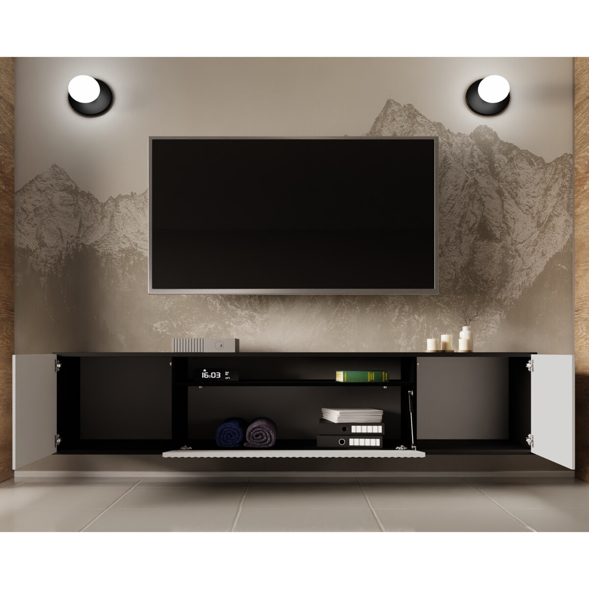 Szafka RTV NOELI, wisząca z ryflowanymi frontami do salonu- biało-czarna