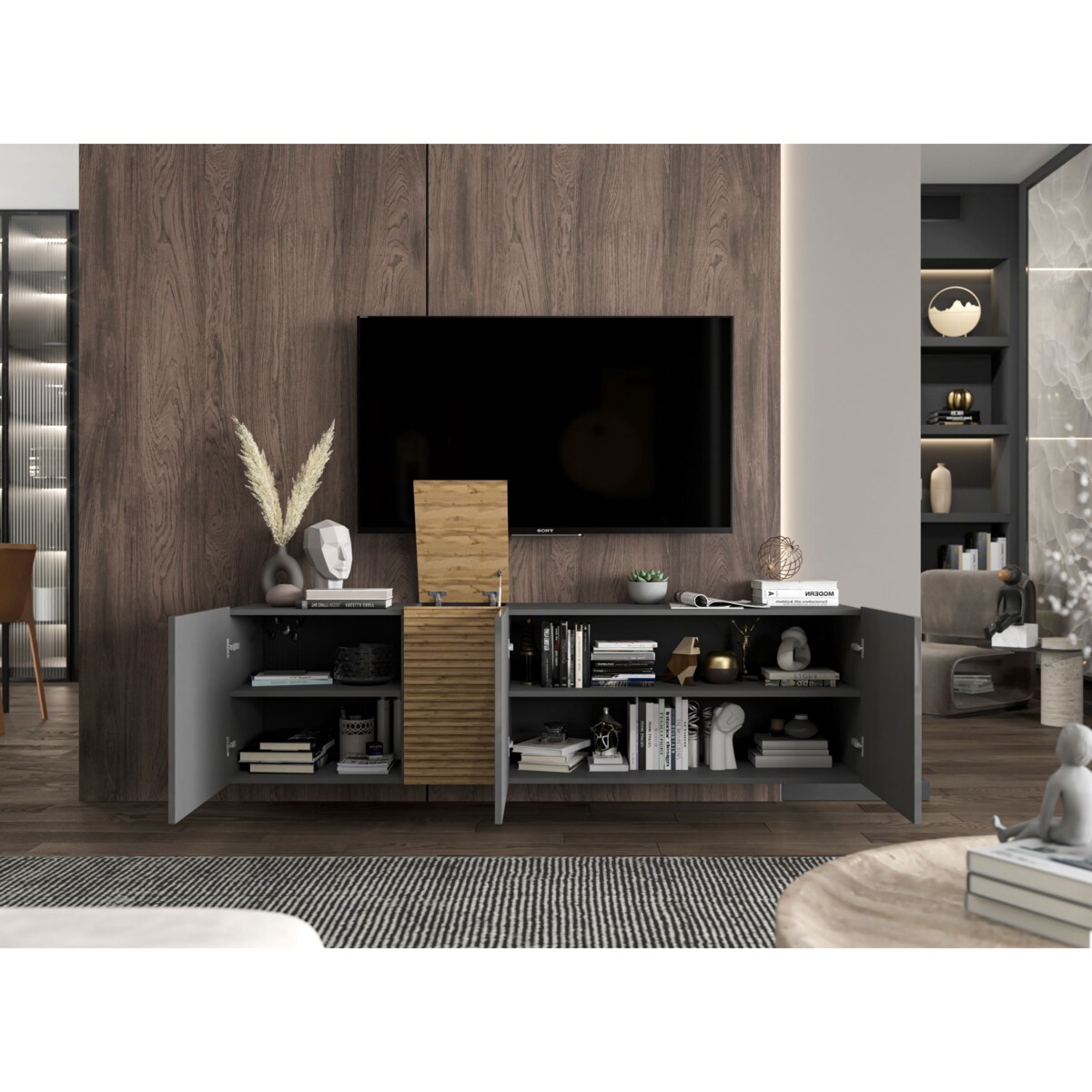 Wisząca Szafka RTV Komoda RTV Loft Grafit połysk 160 cm