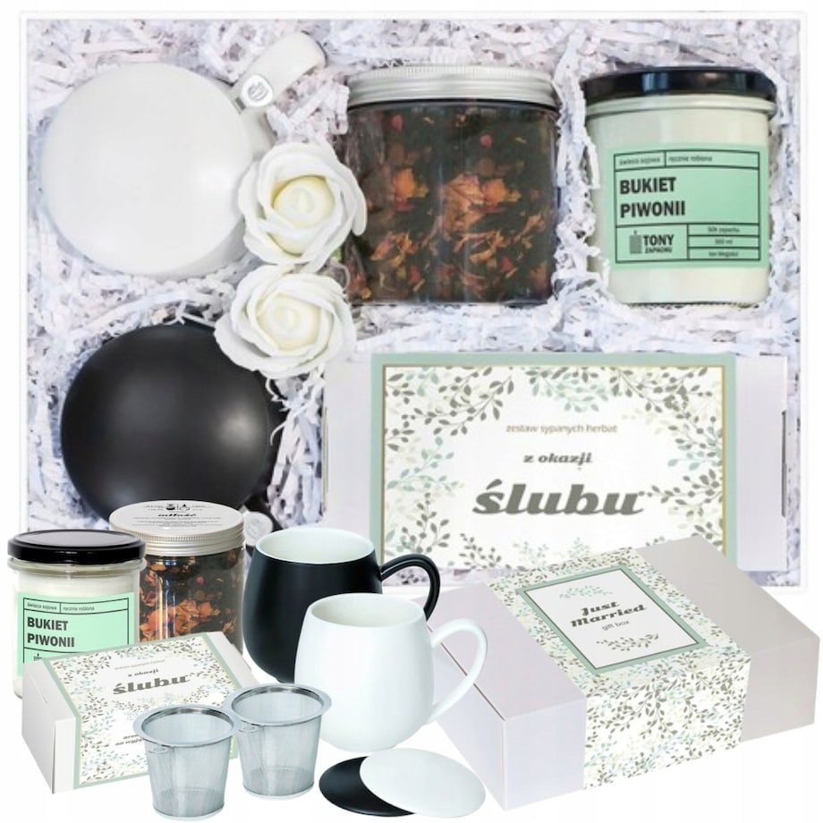 Duży Box Ślubny z herbatą i akcesoriami dla młodej pary prezent upominek