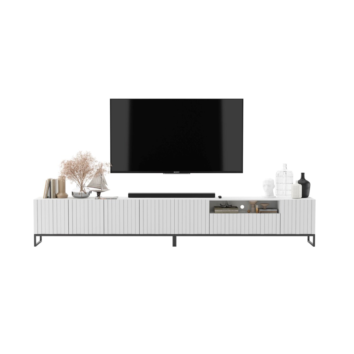 Szafka RTV Glamour Nowoczesna Komoda RTV Ryflowane Fronty Loft Biały Mat 300 cm