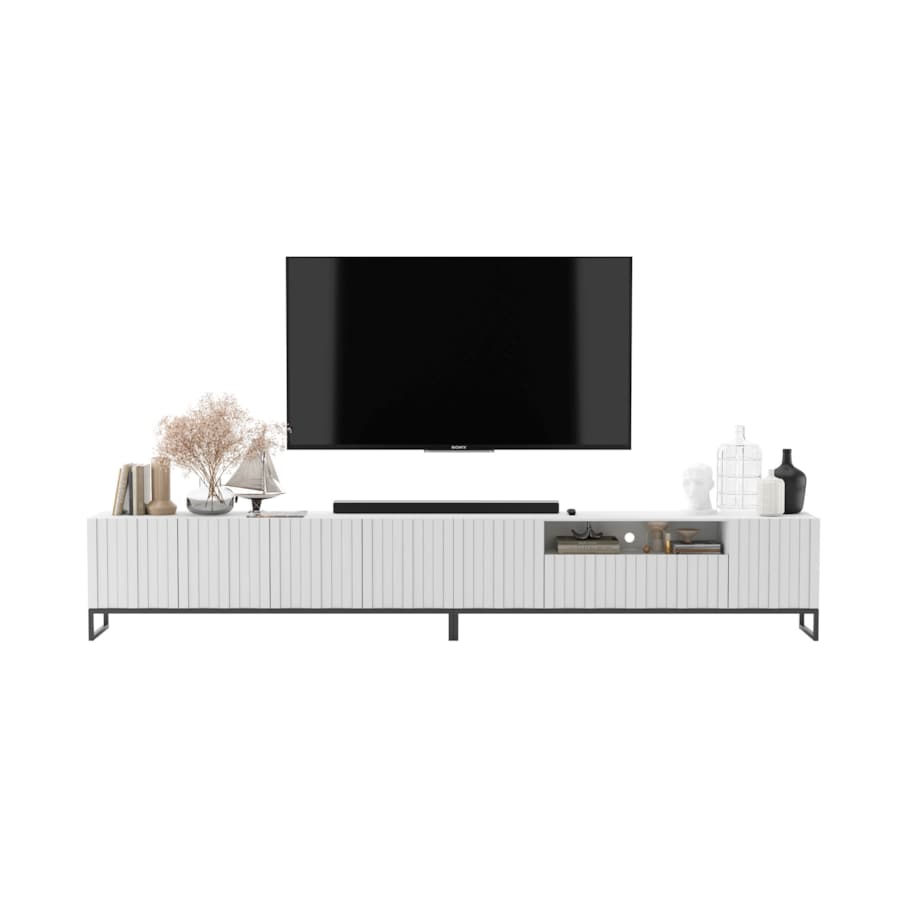 Szafka RTV Glamour Nowoczesna Komoda RTV Ryflowane Fronty Loft Biały Mat 300 cm