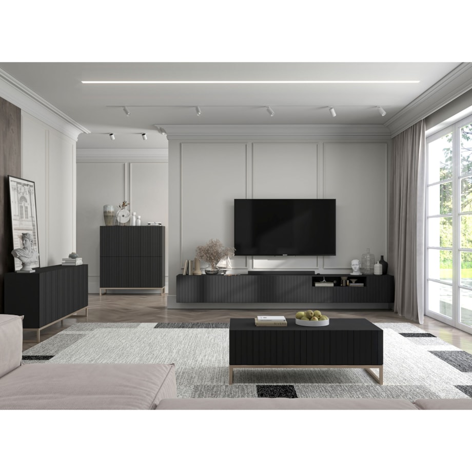 Szafka RTV wisząca Glamour Nowoczesna Komoda RTV Czarny Mat 150 cm