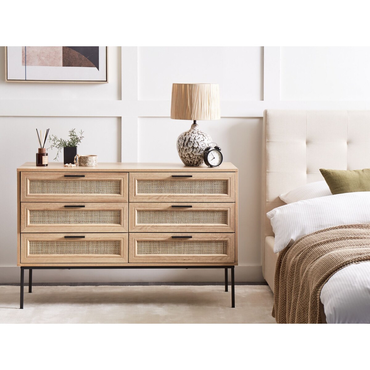 Komoda 6 szuflad fronty rattanowe jasne drewno PASCO