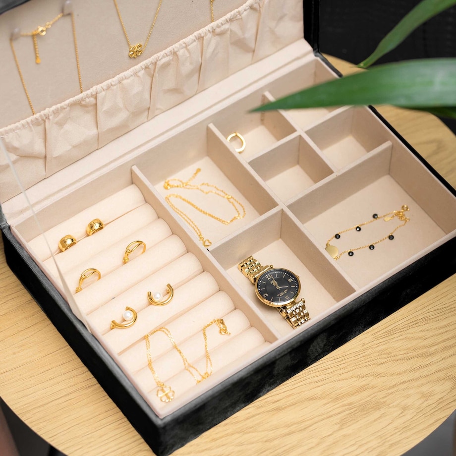 Szkatułka Na Biżuterię Organizer Kuferek Elegancki Pudełko Czarna