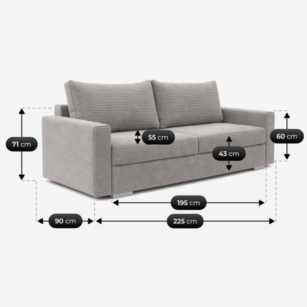 Sofa Rozkładana Kanapa z Funkcją Spania Dwuosobowa Do Salonu Szara DRAVOS