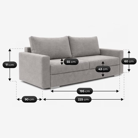 Sofa Rozkładana Kanapa z Funkcją Spania Dwuosobowa Do Salonu Szara DRAVOS