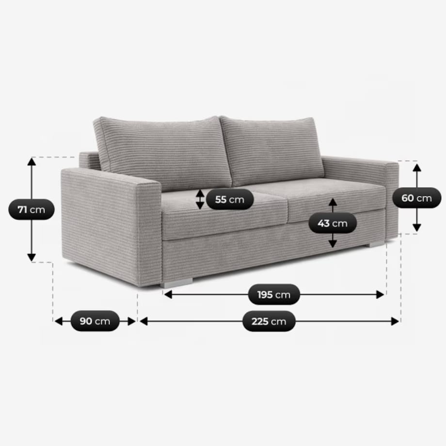 Sofa Rozkładana Kanapa z Funkcją Spania Dwuosobowa Do Salonu Szara DRAVOS