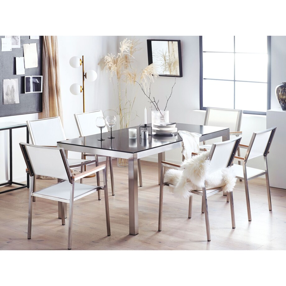 Zestaw ogrodowy stół granitowy czarny i 6 krzeseł białych GROSSETO