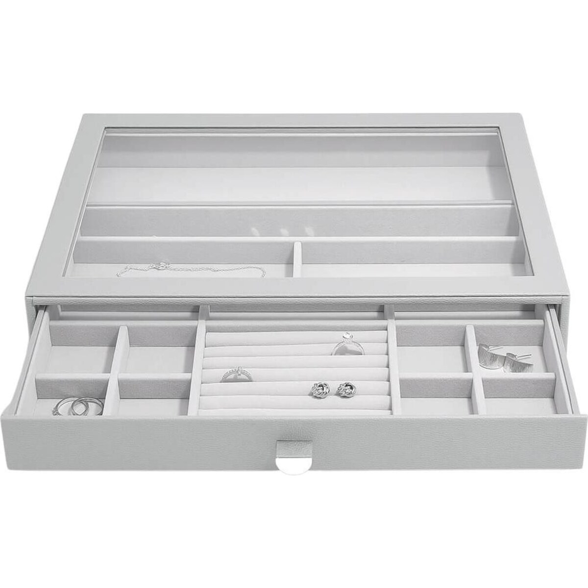 Szkatułka na biżuterię Stackers 15 komorowa supersize kamienna szarość z szufladą i szklaną pokrywką