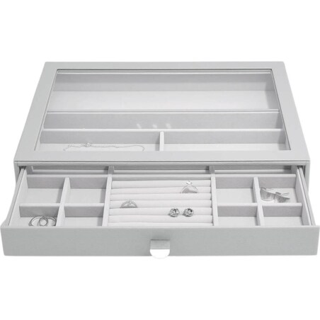 Szkatułka na biżuterię Stackers 15 komorowa supersize kamienna szarość z szufladą i szklaną pokrywką