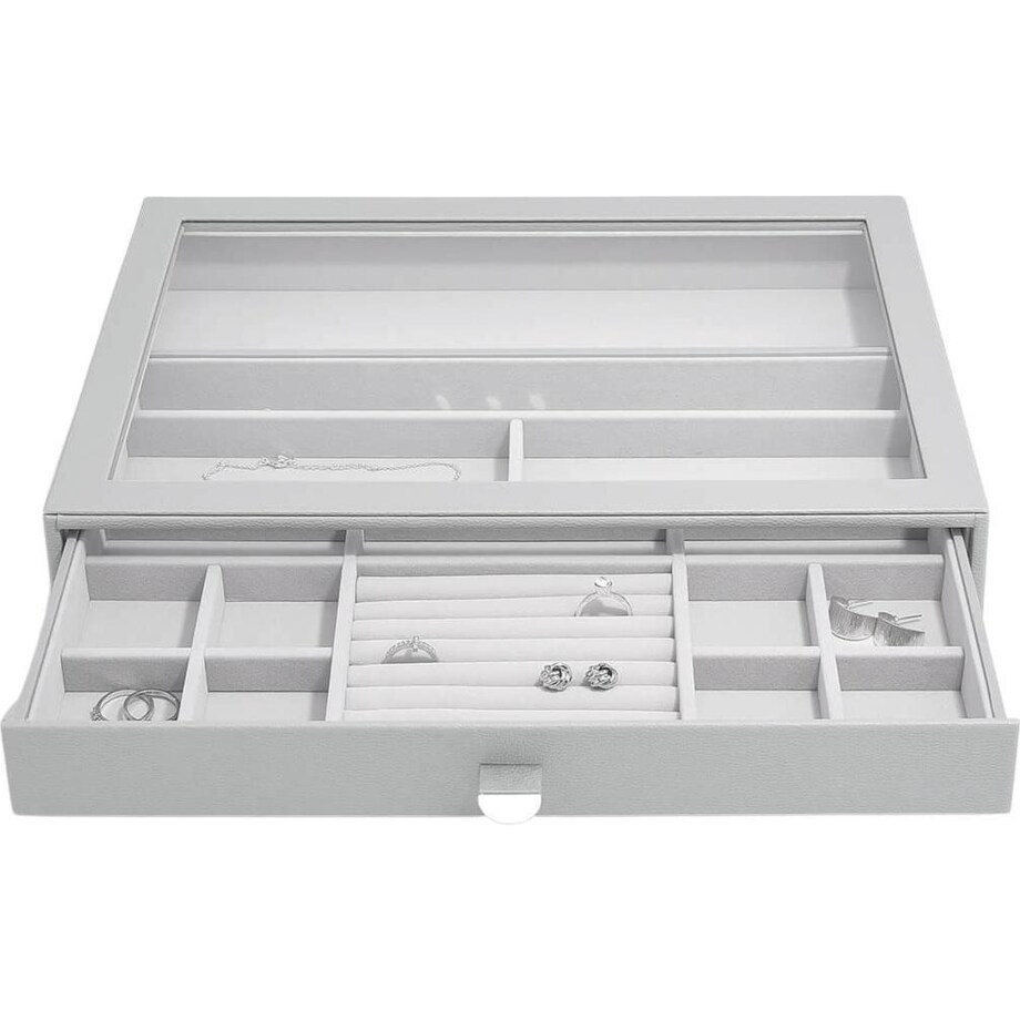 Szkatułka na biżuterię Stackers 15 komorowa supersize kamienna szarość z szufladą i szklaną pokrywką