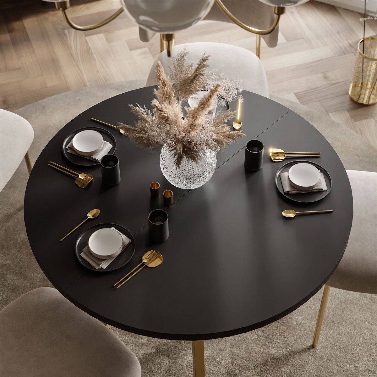Okrągły stół rozkładany VOLTA MATT, nogi złoty, blat czarny
