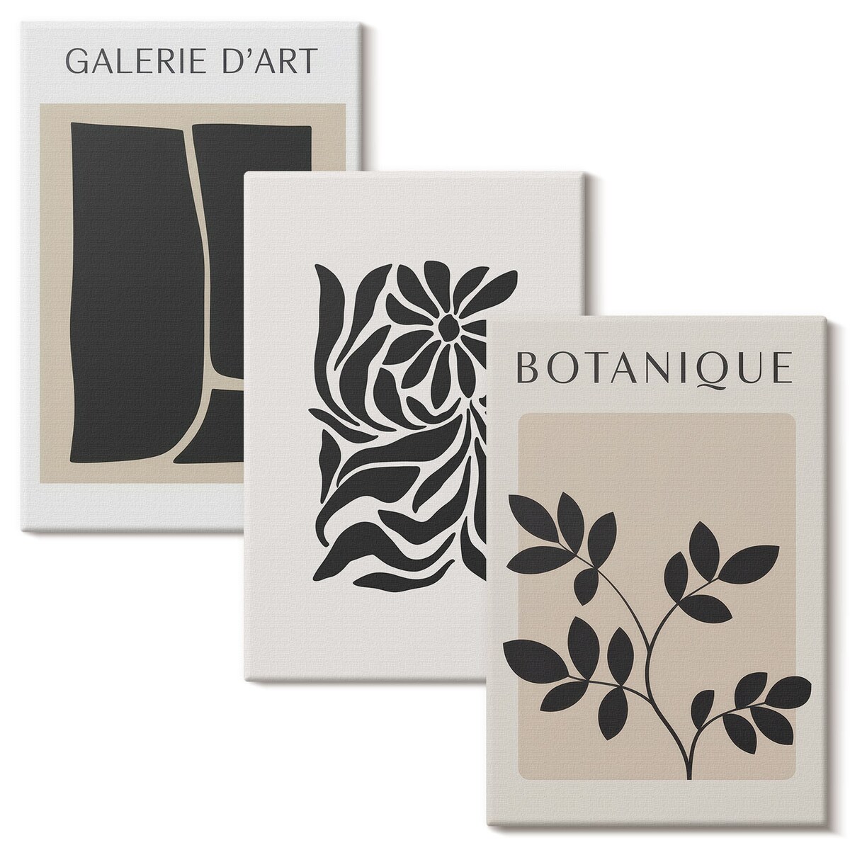 Zestaw 3 małych obrazów na płótnie - Abstrakcyjne wzory roślinne - beżowy