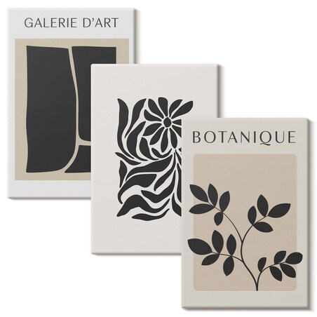 Zestaw 3 małych obrazów na płótnie - Abstrakcyjne wzory roślinne - beżowy