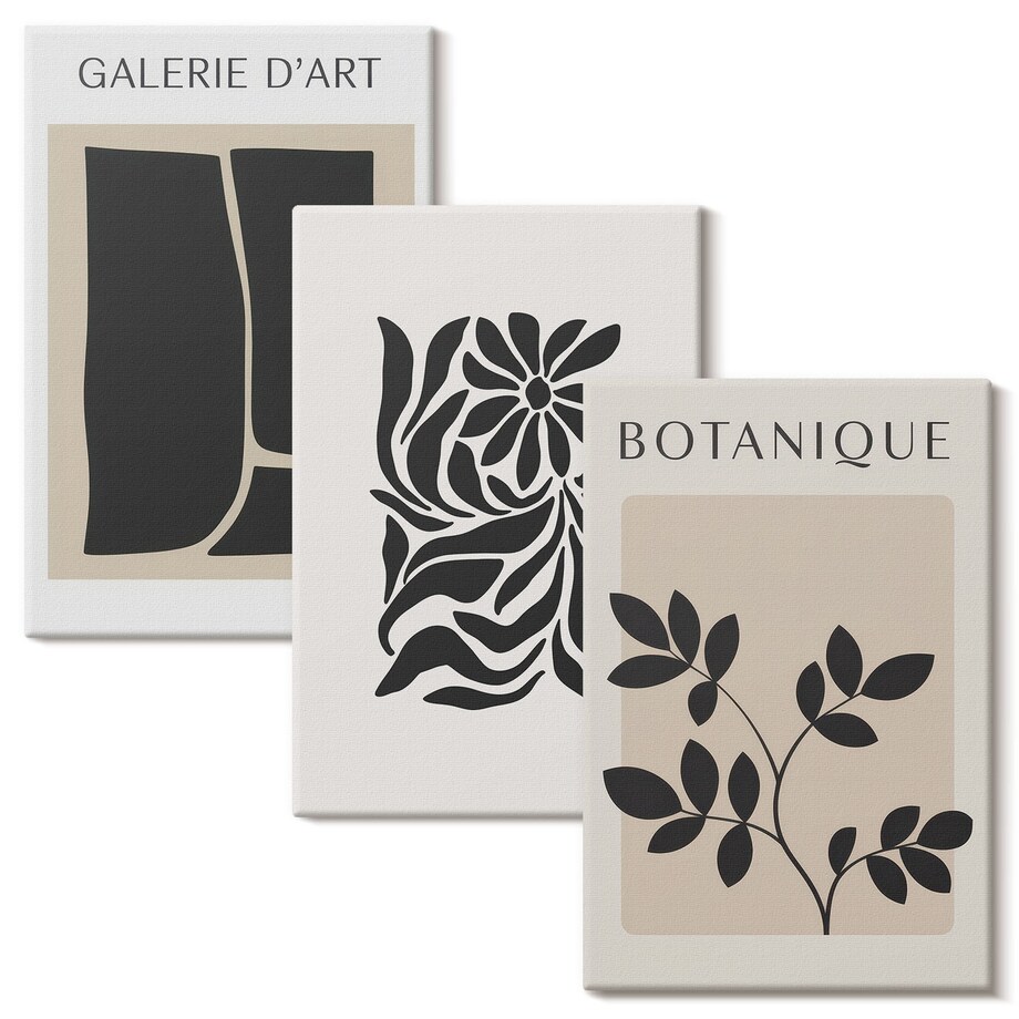 Zestaw 3 małych obrazów na płótnie - Abstrakcyjne wzory roślinne - beżowy