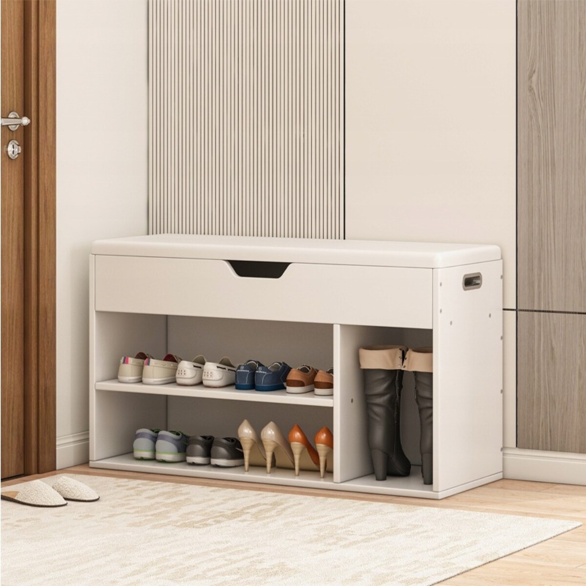 Szafka na buty z siedziskiem drewniana schowek 3 półki otwierana biała 80cm