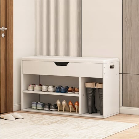 Szafka na buty z siedziskiem drewniana schowek 3 półki otwierana biała 80cm