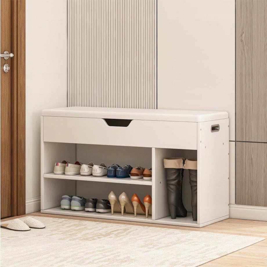 Szafka na buty z siedziskiem drewniana schowek 3 półki otwierana biała 80cm