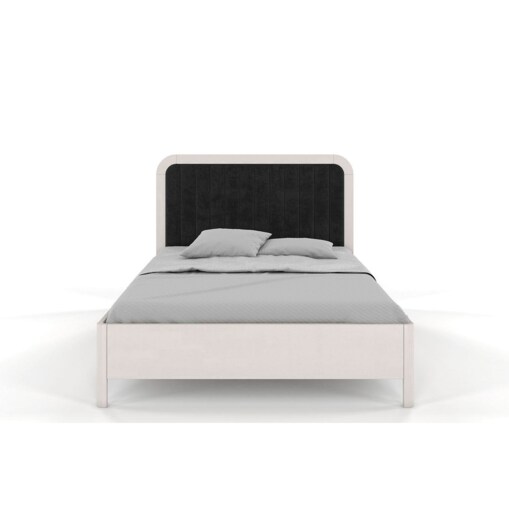 Tapicerowane łóżko drewniane bukowe Visby MODENA z wysokim zagłówkiem / 140x200 cm, kolor biały, zagłówek Casablanca 2316