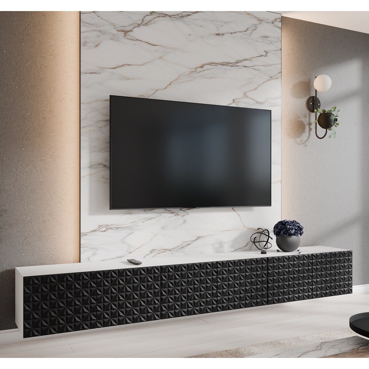 Szafka RTV ALI 300 cm zamknięta z ozdobnymi frontami - czarny+biały