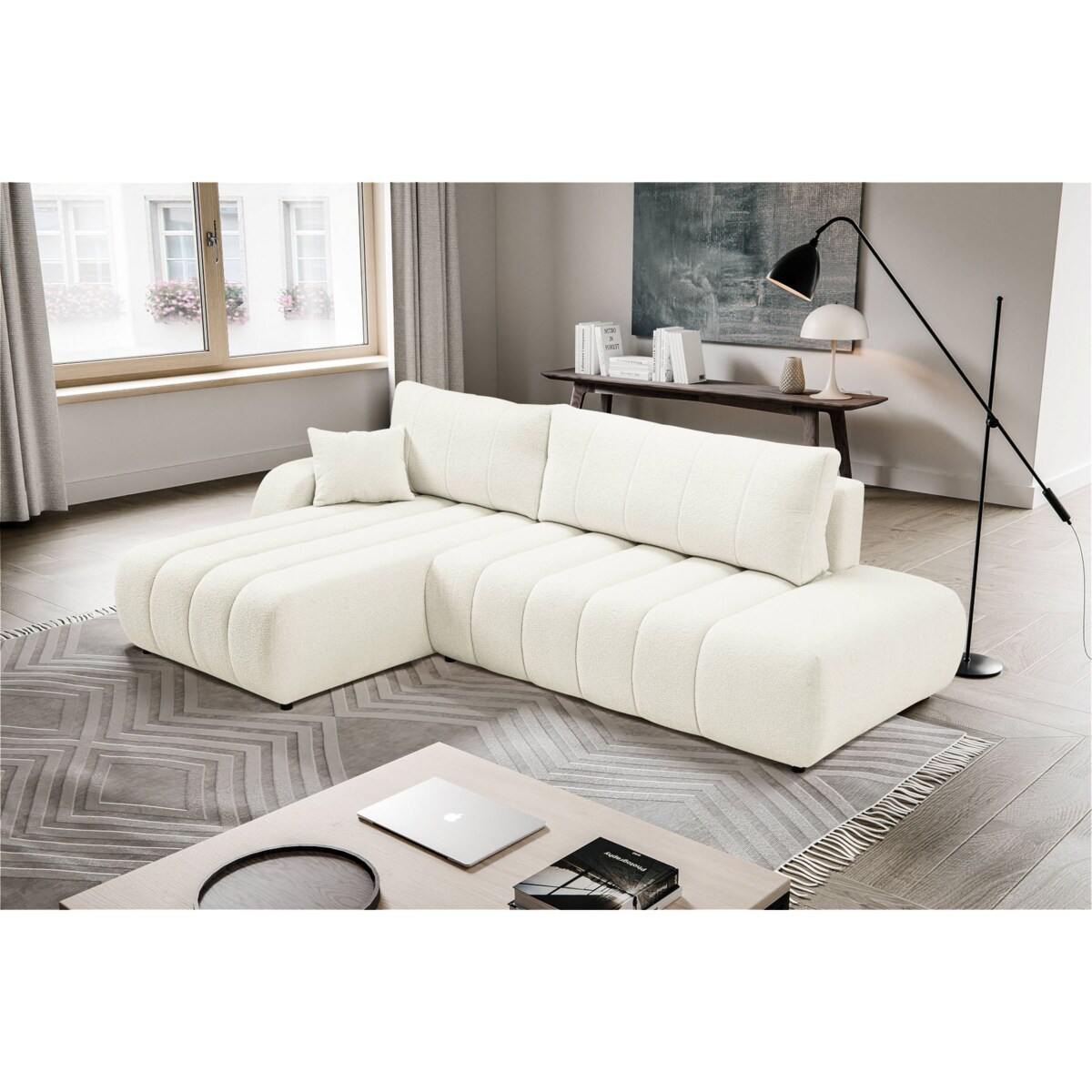 Narożnik z funkcją spania ALOO, lewostronny, tkanina boucle-śmietankowa