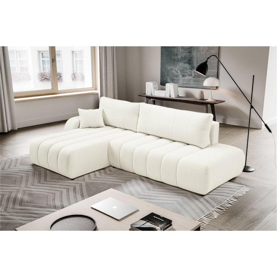 Narożnik z funkcją spania ALOO, lewostronny, tkanina boucle-śmietankowa